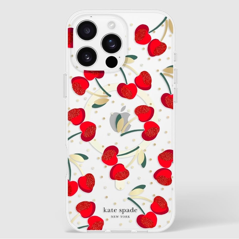 New KATE SPADE 16 Pro Max Mag Safe iPhone Case Glitter Cherries Clear